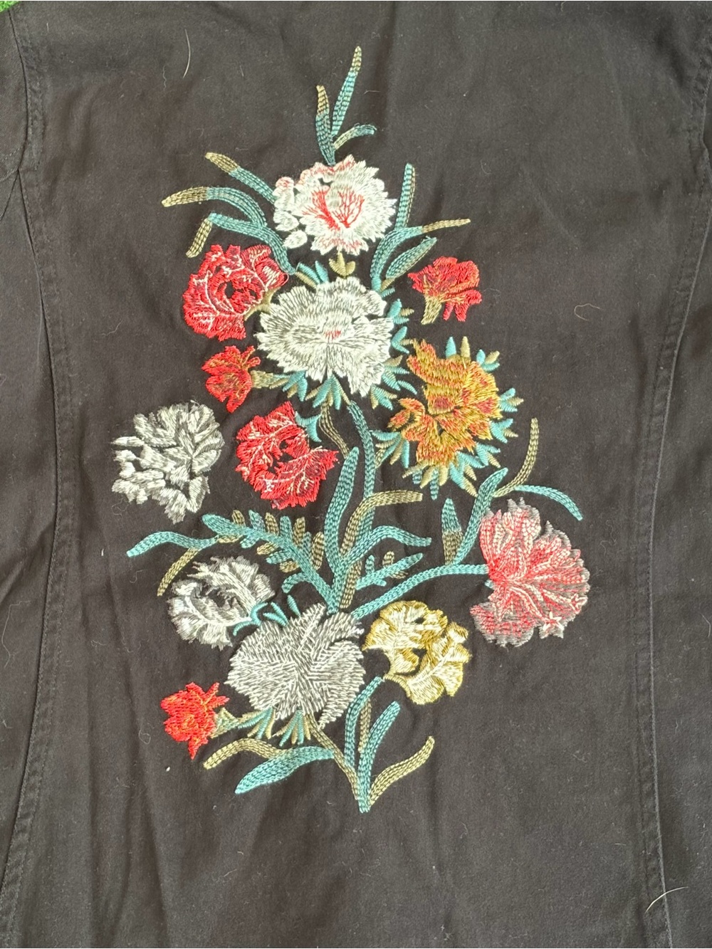 JustFab Black Jean Jacket with Multicolor Floral Embroidery
